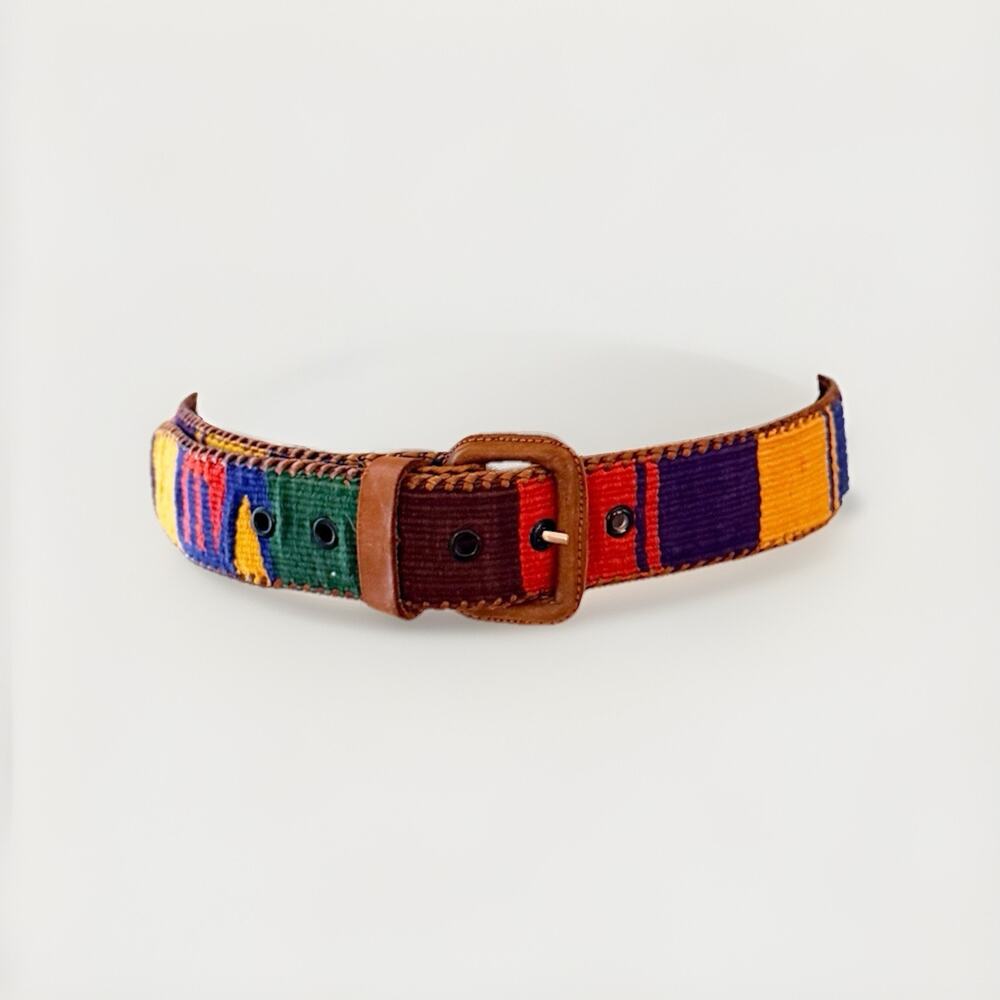 90s Vintage Woven Southwest Belt Aztec Mexican Festival Boho Hippie Leather N